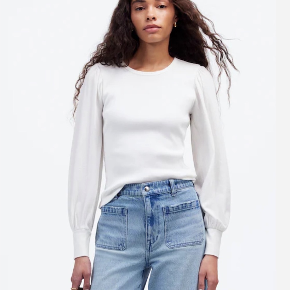 Madewell Ribbed Puff Sleeve Top White‎ Long Sleeve S Cotton